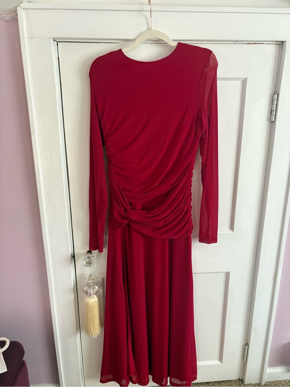 Red Long-Sleeve Knot-Detail Slit Midi Dress